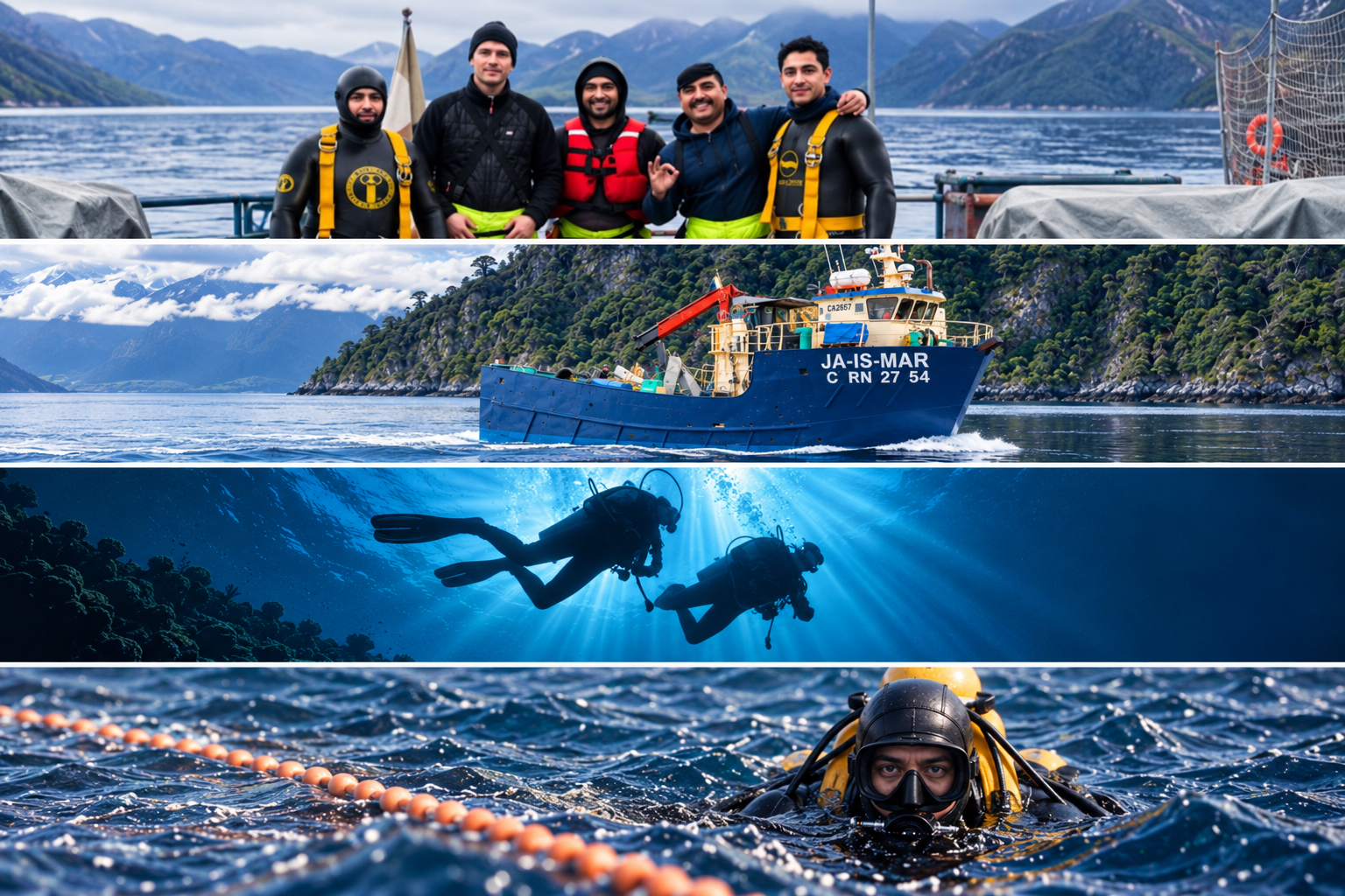 Equipo de buceo BlueTech en centro de cultivo